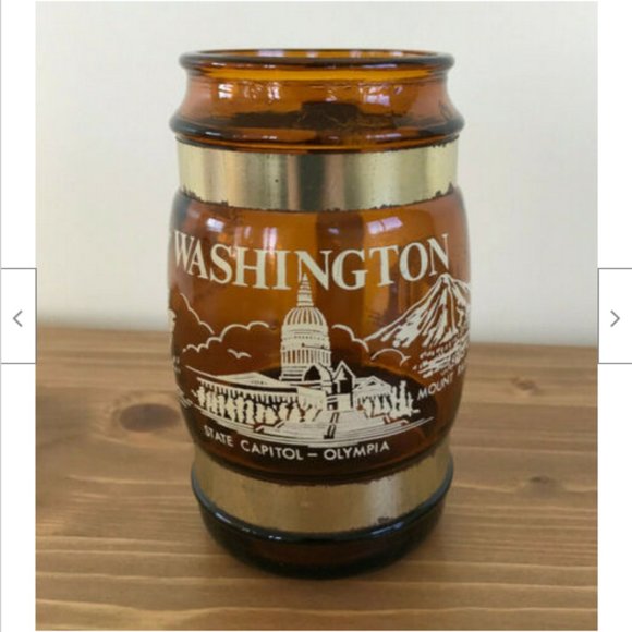 Vtg Beer Stein Amber Glass Mason Mug w/ Rustic Wood Handle Washington Mt Rainier - Picture 3 of 6